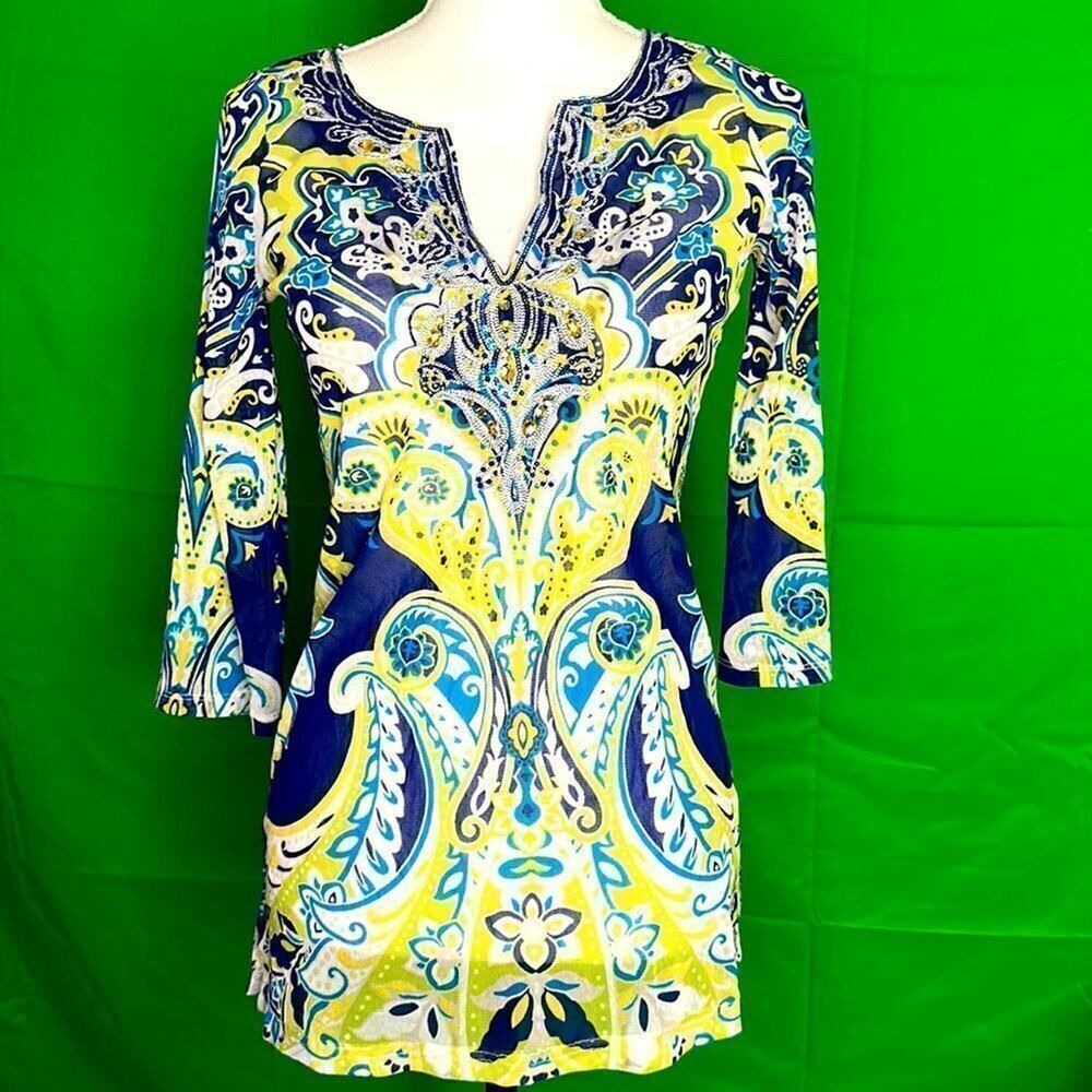 INC Beach InternationalConcepts 100% Nylon Blouse Women's Size XS Blue White